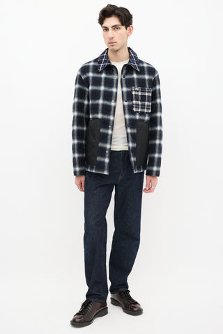 Burberry Blue 
White Wool Quilted Plaid  Jacket