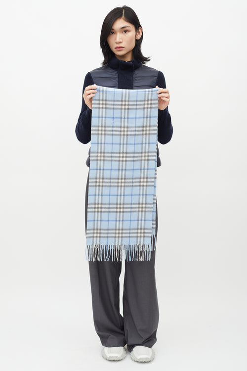 Burberry Blue 
White Cashmere Check Scarf