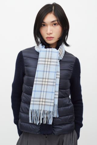 Burberry Blue 
White Cashmere Check Scarf