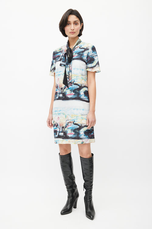 Burberry Blue 
Multi Silk Graffiti Print Dress