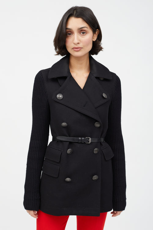 Burberry Brit Black Double Breasted Knit Sleeve Coat