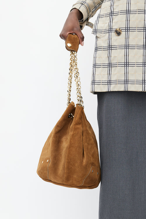 Burberry Brown 
Gold Suede Bucket Bag