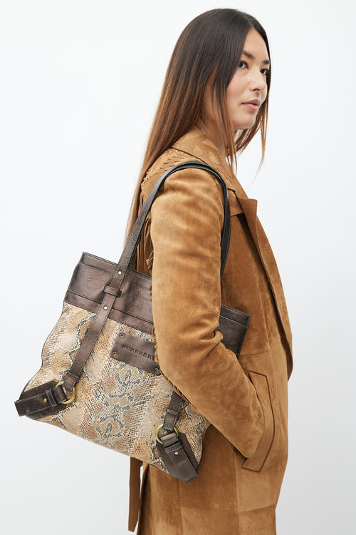 Burberry Brown Leather 
Print Tote Bag