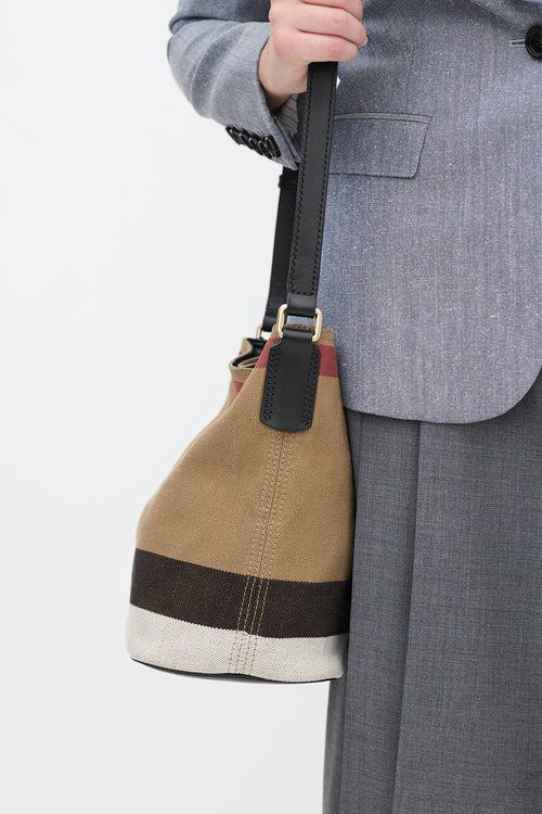 Burberry Brown 
Multi Canvas Nova Check Mini Ashby Bucket Bag