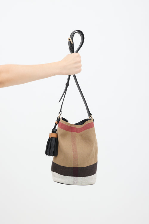 Burberry Brown 
Multi Canvas Nova Check Mini Ashby Bucket Bag