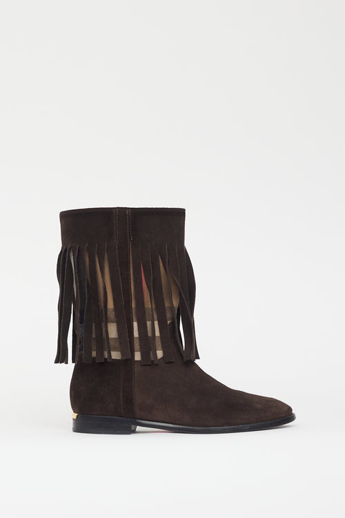 Burberry Brown Suede Nova Canvas Fringe Boot