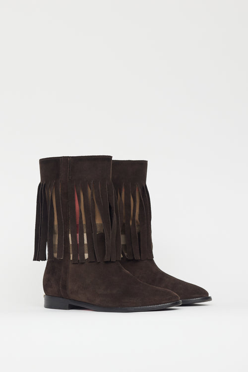 Burberry Brown Suede Nova Canvas Fringe Boot