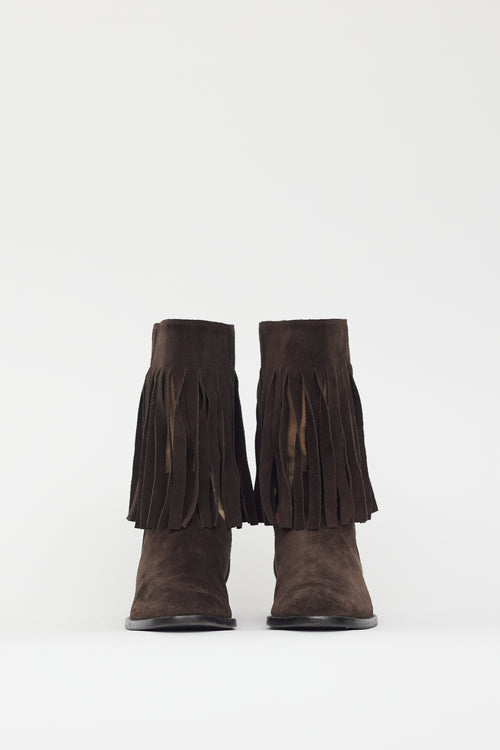 Burberry Brown Suede Nova Canvas Fringe Boot