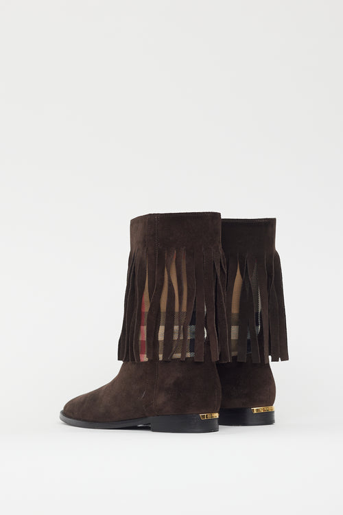 Burberry Brown Suede Nova Canvas Fringe Boot