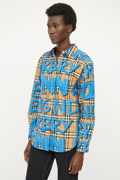 Burberry Brown 
Blue Button Up Graffiti Top