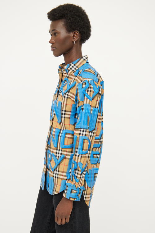 Burberry Brown 
Blue Button Up Graffiti Top