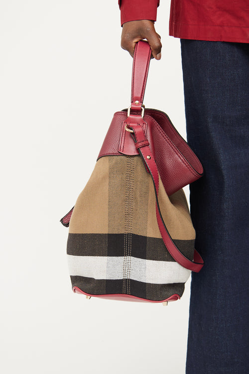 Burberry Burgundy Mega Check Ashby Bucket Bag