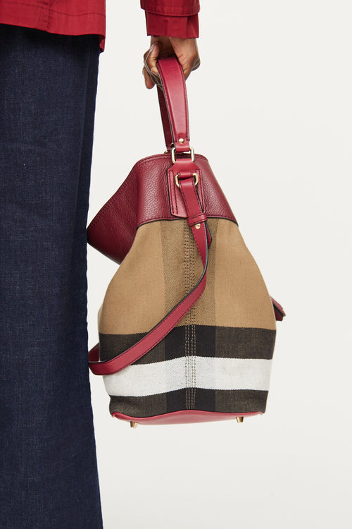 Burberry Burgundy Mega Check Ashby Bucket Bag