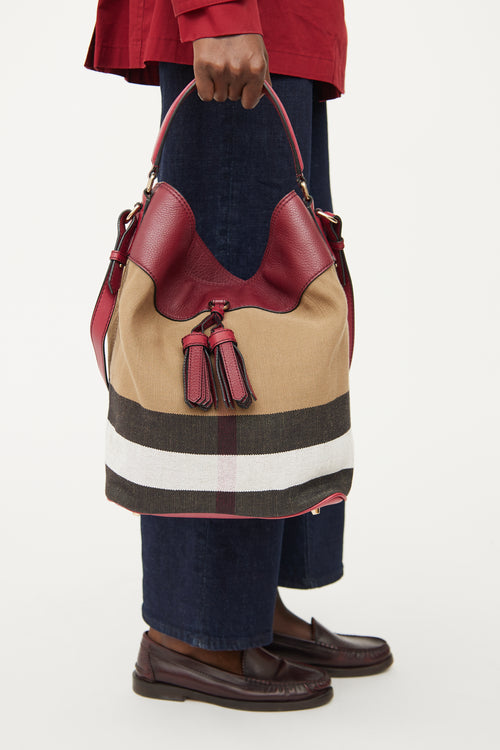 Burberry Burgundy Mega Check Ashby Bucket Bag