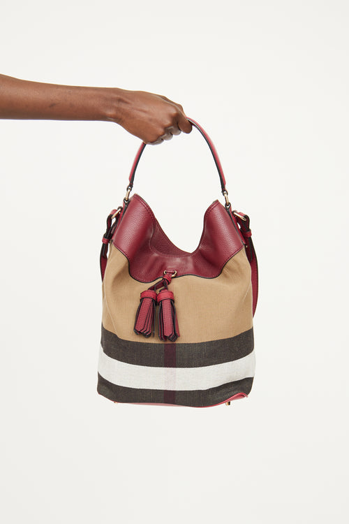 Burberry Burgundy Mega Check Ashby Bucket Bag