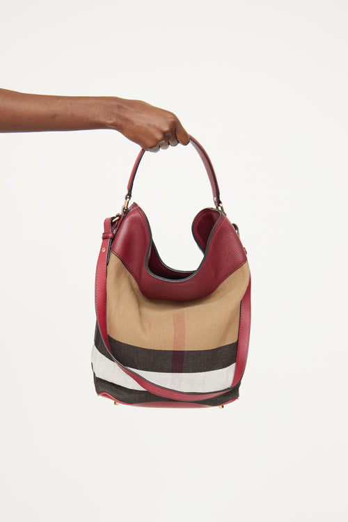 Burberry Burgundy Mega Check Ashby Bucket Bag