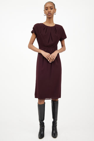 Burberry Burgundy Silk Gathered Midlength Dress