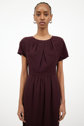 Burberry Burgundy Silk Gathered Midlength Dress