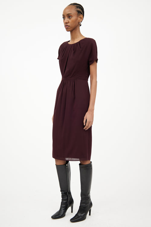 Burberry Burgundy Silk Gathered Midlength Dress