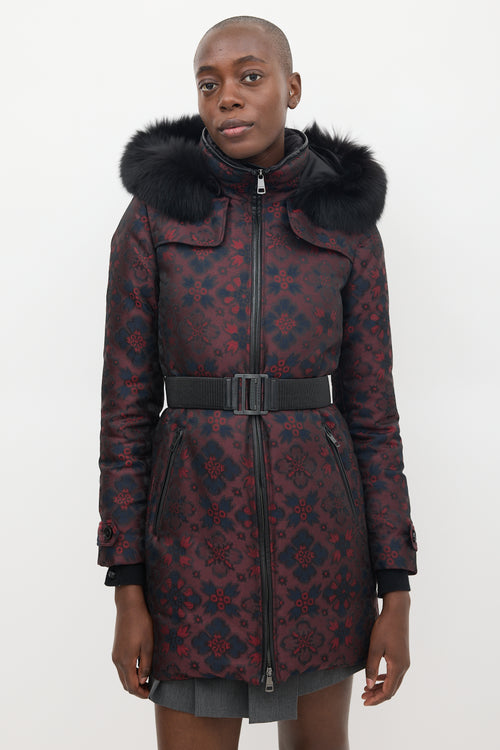 Burberry Burgundy 
Multicolour Floral Fur Trimmed Padded Coat