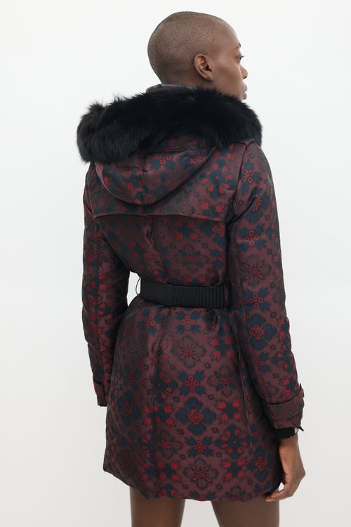 Burberry Burgundy 
Multicolour Floral Fur Trimmed Padded Coat