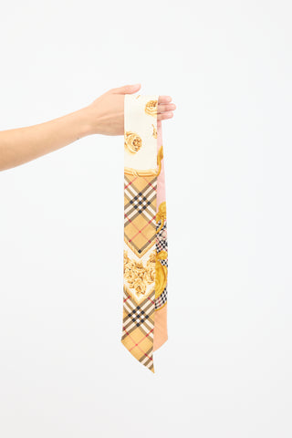 Burberry Gold 
Pink Silk Reversible Printed Nova Check Skinny Scarf