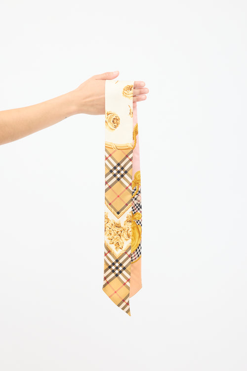 Burberry Gold 
Pink Silk Reversible Printed Nova Check Skinny Scarf