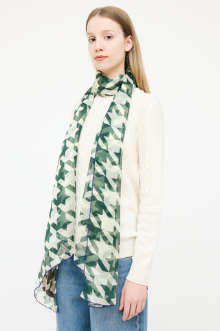 Burberry Green 
Cream Silk Houndstooth Scarf