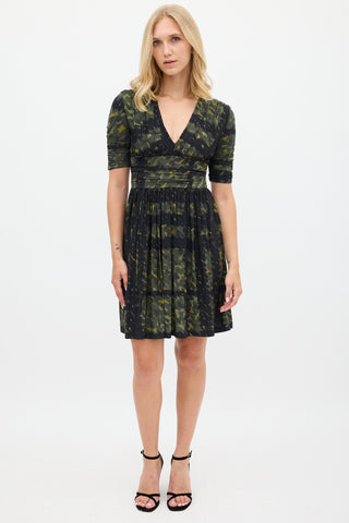 Burberry Green 
Navy Printed Gathered Dress