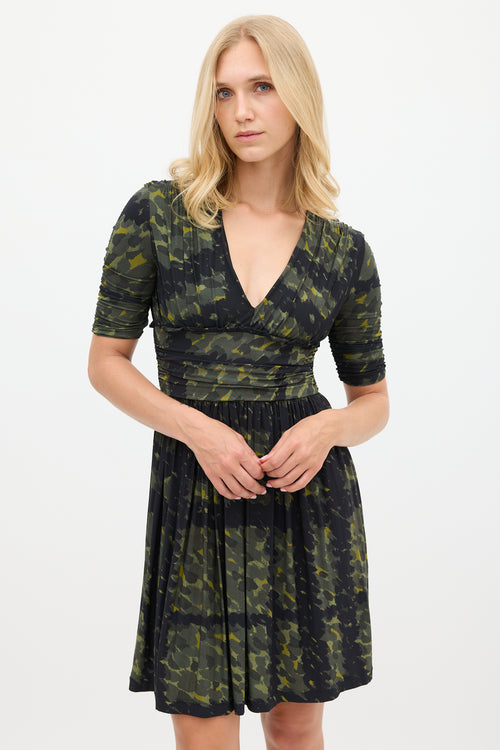 Burberry Green 
Navy Printed Gathered Dress