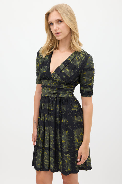 Burberry Green 
Navy Printed Gathered Dress