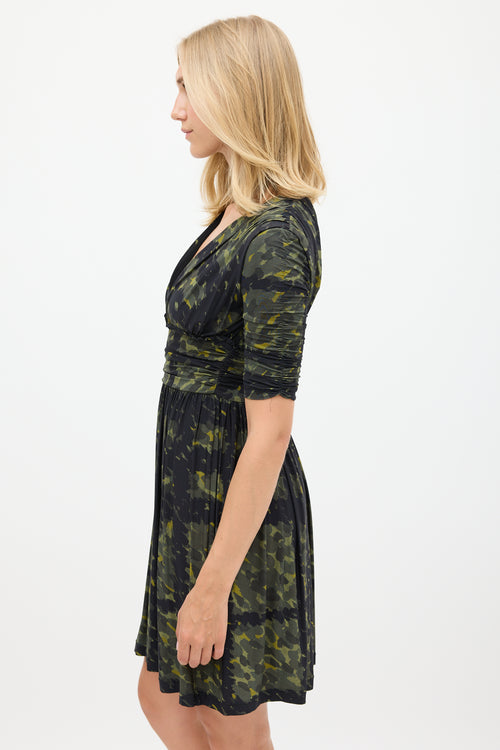 Burberry Green 
Navy Printed Gathered Dress