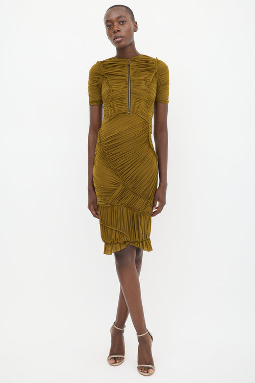 Burberry Green Ruched Zip Dress