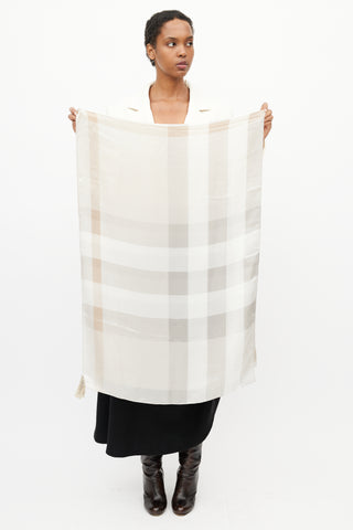 Burberry Grey 
Beige Silk Check Scarf