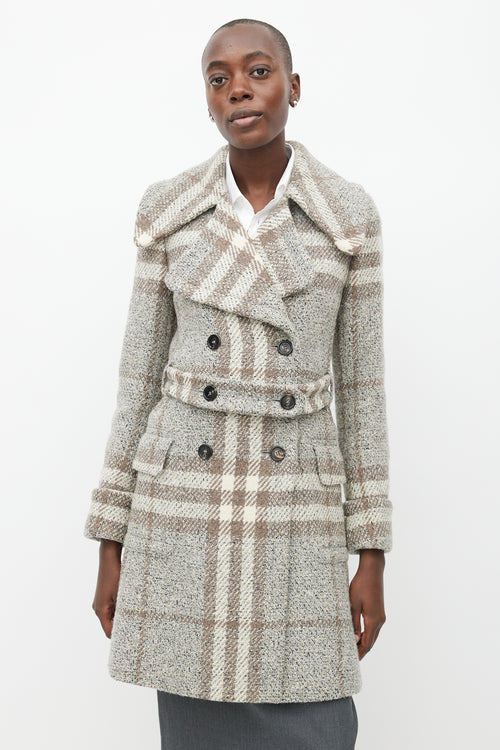 Burberry Grey 
Beige Wool Plaid Coat