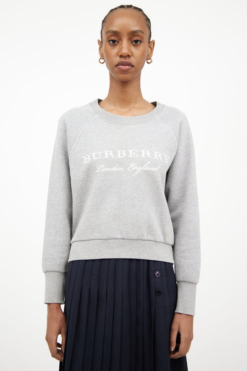 Burberry Heather Grey 
White Logo Crewneck Sweatshirt