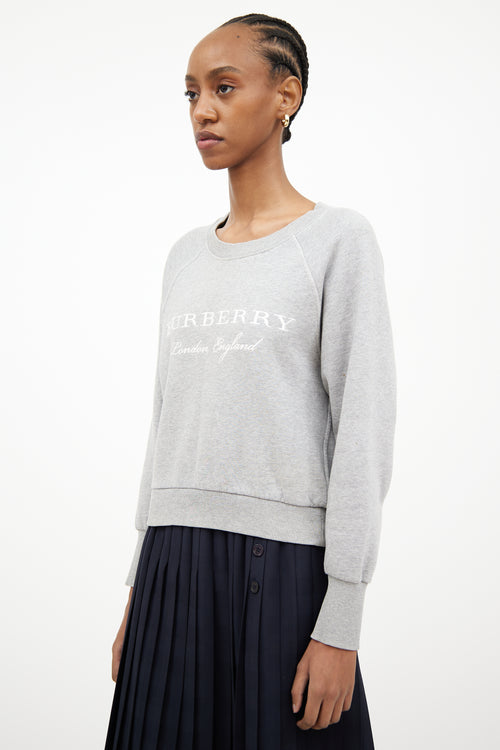 Burberry Heather Grey 
White Logo Crewneck Sweatshirt