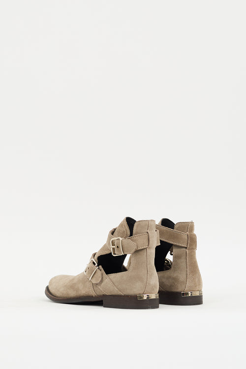 Burberry Grey Suede Buckled Cut Out Ankle Boot