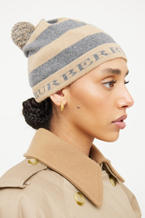 Burberry Grey 
Beige Stripe Cashmere Beanie