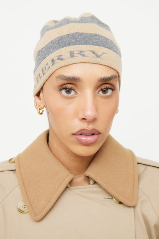 Burberry Grey 
Beige Stripe Cashmere Beanie