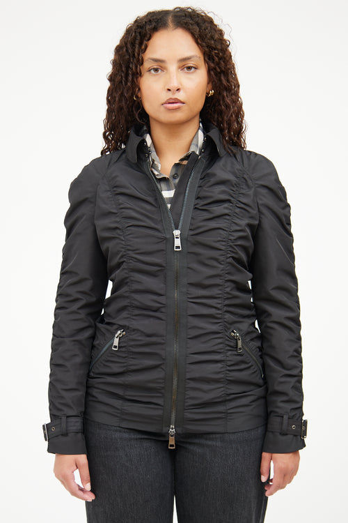 Burberry Black Ruched Zip Windbreaker Jacket