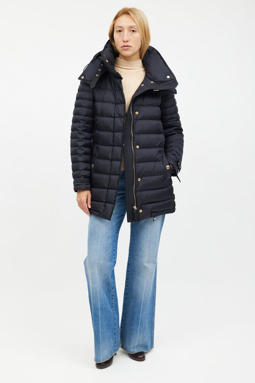 Burberry Navy 
Gold Mid Length Puffer Jacket