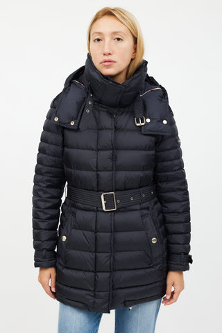 Burberry Navy 
Gold Mid Length Puffer Jacket