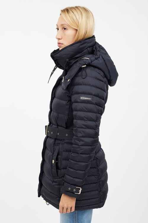 Burberry Navy 
Gold Mid Length Puffer Jacket