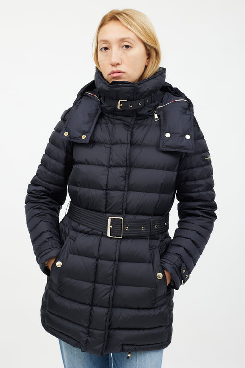 Burberry Navy 
Gold Mid Length Puffer Jacket