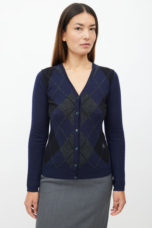 Burberry Navy Merino Wool Argyle Cardigan