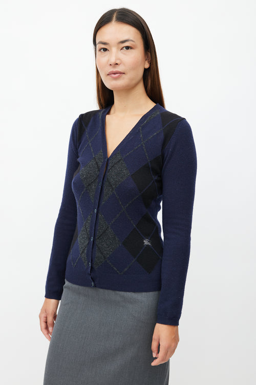 Burberry Navy Merino Wool Argyle Cardigan