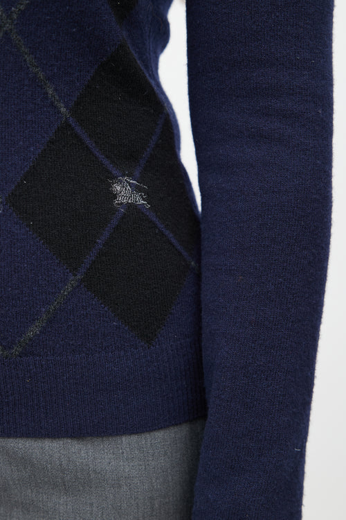 Burberry Navy Merino Wool Argyle Cardigan