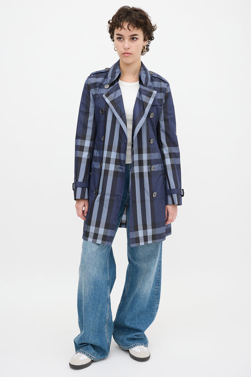 Burberry Navy Nova Check Belted Midi Trench Coat