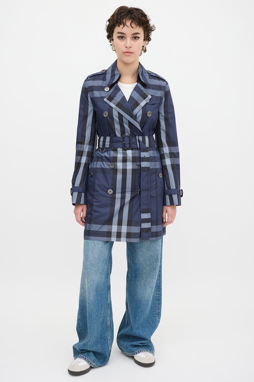 Burberry Navy Nova Check Belted Midi Trench Coat